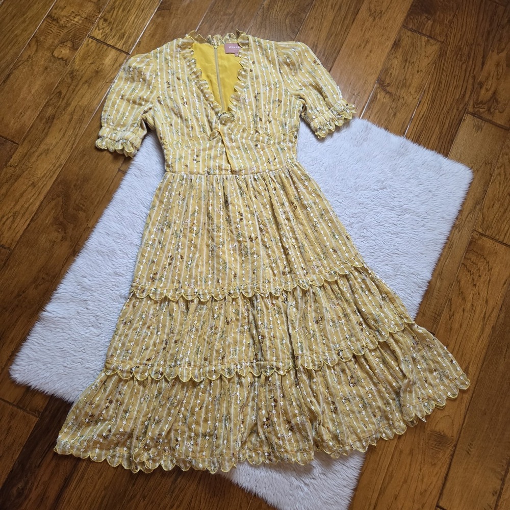 JessaKae Midi Dress Women's Small Yellow Ruffles Floral Stripes